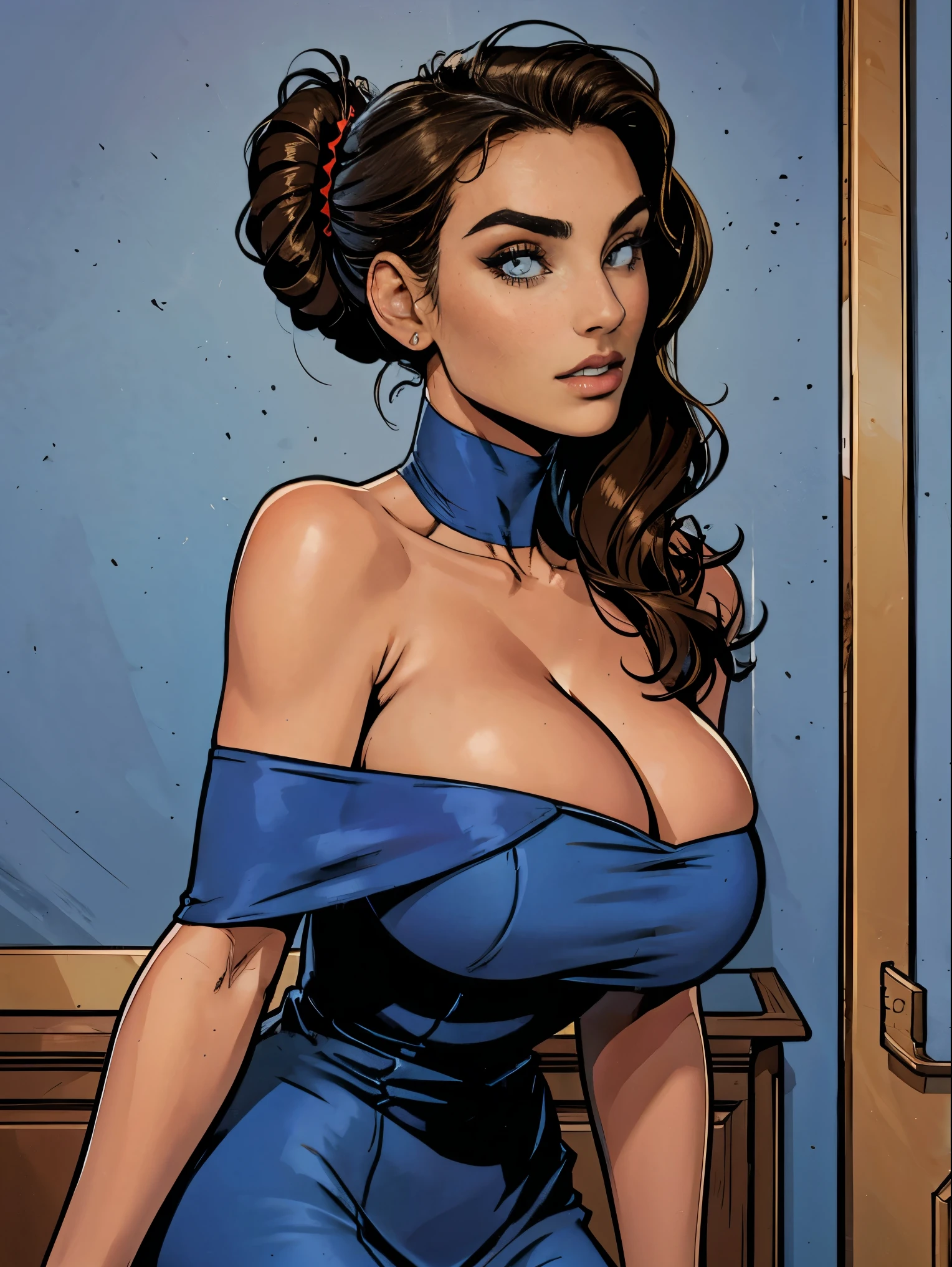 Gorgeous and sultry busty athletic (thin) brunette with sharp facial features wearing a dark blue off-shoulder sleeveless dress, updo