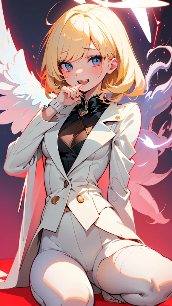 Hazbin hotel oc, beautiful arch angel, six wings, blonde, blue eyes. Mature woman, 1 girl