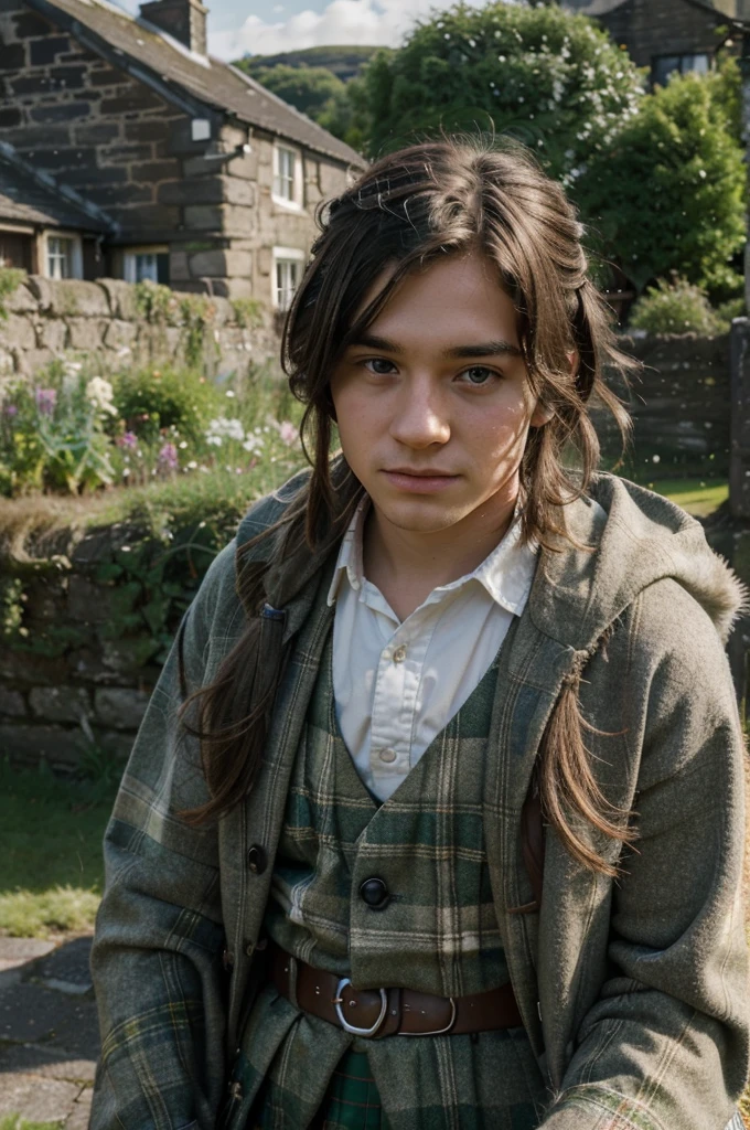 "(((Young man from a Scottish village))) - A compelling photorealistic photograph capturing the charm and essence of a young person in a picturesque Scottish village. The image should be in high resolution (8K) to showcase every detail of the young individual's traditional Scottish attire and the natural beauty of the village surroundings. Use a 70mm lens to focus on the young person while also capturing the scenic landscape. The lighting should evoke the soft glow of the Scottish countryside, adding warmth to the young person's expression. The camera shot should be a medium close-up, allowing the viewer to connect with the youth and the serene environment. Take inspiration from portrait photographers known for their ability to capture the authenticity and character of individuals in cultural settings. The goal is to create a visually captivating photograph that celebrates the spirit of a young person in a Scottish village."