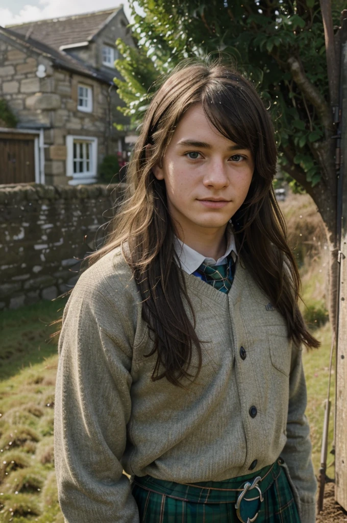"(((Young man from a Scottish village))) - A compelling photorealistic photograph capturing the charm and essence of a young person in a picturesque Scottish village. The image should be in high resolution (8K) to showcase every detail of the young individual's traditional Scottish attire and the natural beauty of the village surroundings. Use a 70mm lens to focus on the young person while also capturing the scenic landscape. The lighting should evoke the soft glow of the Scottish countryside, adding warmth to the young person's expression. The camera shot should be a medium close-up, allowing the viewer to connect with the youth and the serene environment. Take inspiration from portrait photographers known for their ability to capture the authenticity and character of individuals in cultural settings. The goal is to create a visually captivating photograph that celebrates the spirit of a young person in a Scottish village."