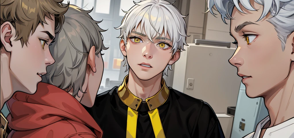 cute 17 year old boy, yellow eyes, white hair, speaking calmly, The collar of his shirt is metallic gold