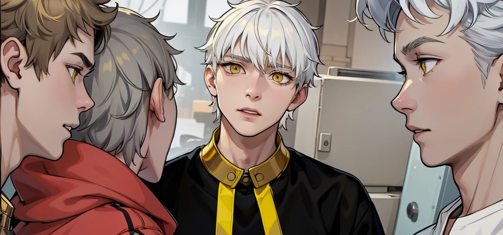 cute 17 year old boy, yellow eyes, white hair, speaking calmly, The collar of his shirt is metallic gold