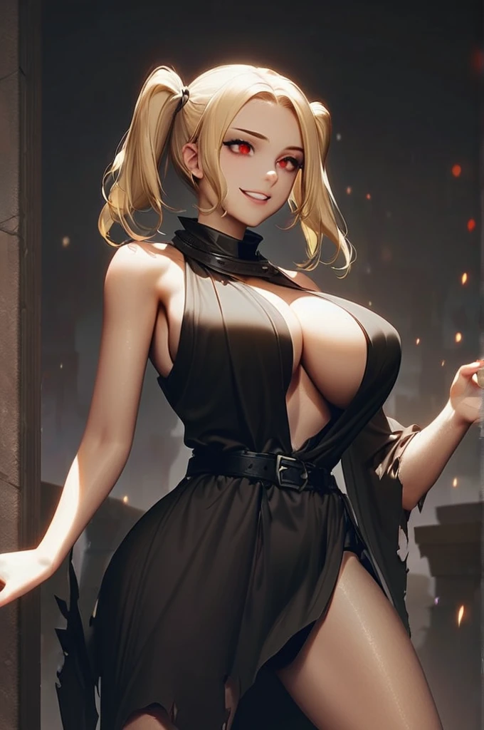 ((Лучшее качество)), ((шедевр)), (подробный), a girl, blonde with two ponytails, huge breasts, red eyes, beautiful body, short stature, lascivious expression, open mouth, grin, dressed in a black torn robe, sleeveless, without gloves, without pants, rag wraps on her legs, black panties, without a bra, a cylindrical handle hangs on her belt a lightsaber, standing in a lascivious pose clutching her tits with her hands. Background of ancient ruins on a moonlit night. front view. the entire body is visible.