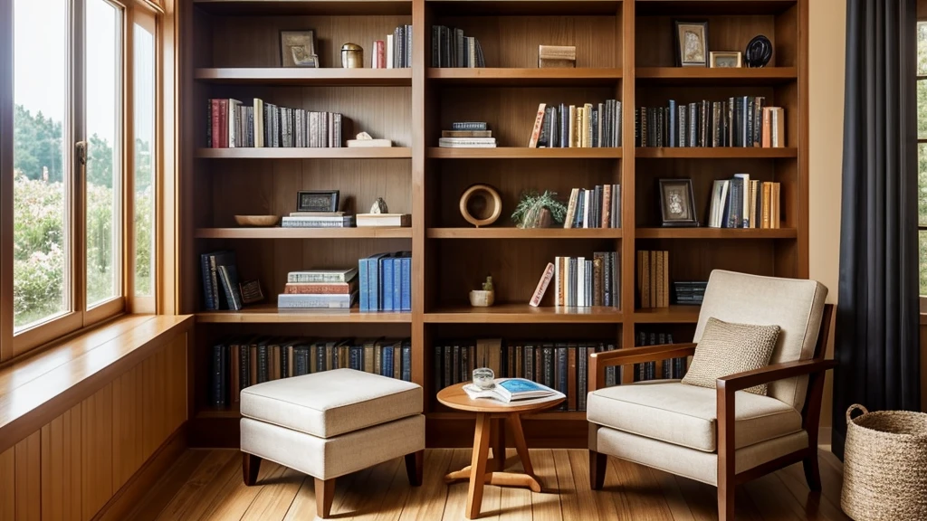 A cozy reading nook with a comfortable armchair bathed in warm, natural light from a nearby window. On a small wooden table next to the chair, there's a smartphone displaying the Audible app interface. The screen shows a book cover and playback controls, indicating the app in use. In the background, soft-focus bookshelves filled with various books create a warm and inviting atmosphere. The focus is on the smartphone and the serene environment, suggesting a peaceful and enjoyable reading experience with the Audible app. This image captures the essence of reviewing the Audible app without using any text, emphasizing the comfort and pleasure of listening to audiobooks in a cozy setting. Ultra Realistic, show smartphone screen with cover of an audio book
