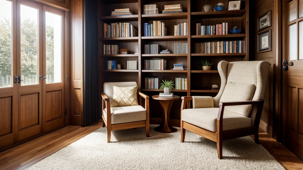 A cozy reading nook with a comfortable armchair bathed in warm, natural light from a nearby window. On a small wooden table next to the chair, there's a smartphone displaying the Audible app interface. The screen shows a book cover and playback controls, indicating the app in use. In the background, soft-focus bookshelves filled with various books create a warm and inviting atmosphere. The focus is on the smartphone and the serene environment, suggesting a peaceful and enjoyable reading experience with the Audible app. This image captures the essence of reviewing the Audible app without using any text, emphasizing the comfort and pleasure of listening to audiobooks in a cozy setting. Ultra Realistic, show smartphone screen with cover of an audio book