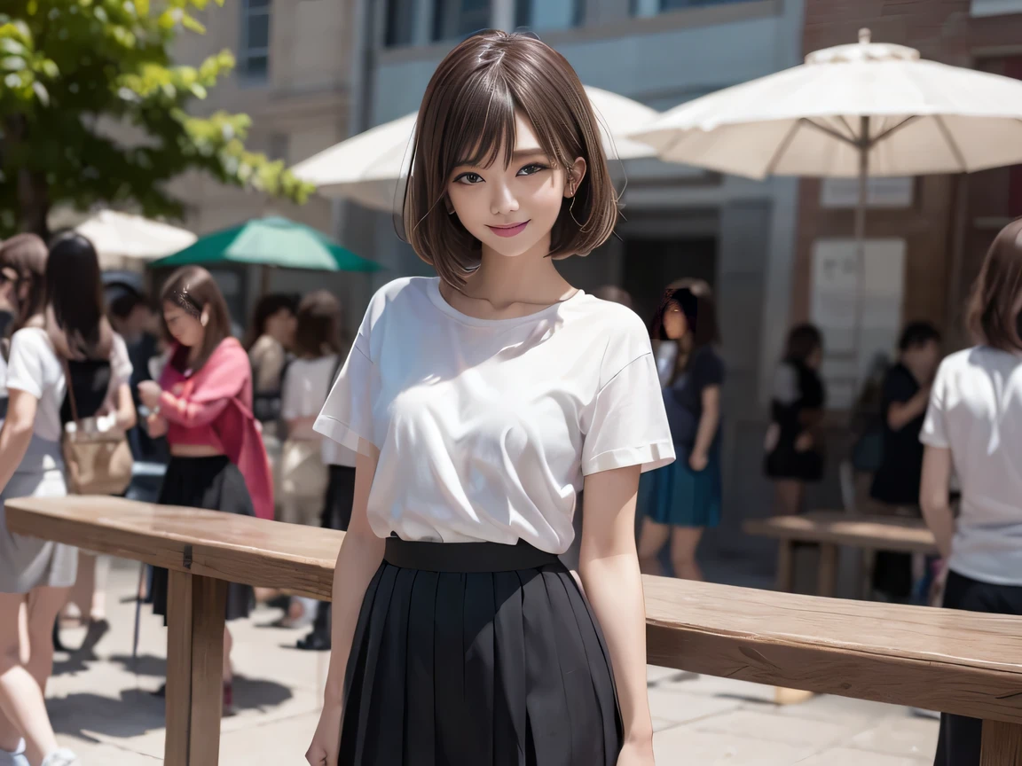 (8K, RAW Photos:1.2), Detailed face and eyes,最high quality, Ultra-high resolution, Very detailed ,Intricate details ,Tabletop ,pretty girl , Soft cinematic light, Hyper Detail,Sharp focus, high quality, Brown Hair,((Bobcut))、(Straight bangs)、amusement park、 ((Mini T-shirt))、(Pleated skirt)、”dwarf”、(Full Body Shot)、Waist、(I can see your thighs)、Cowboy Shot、 smile、