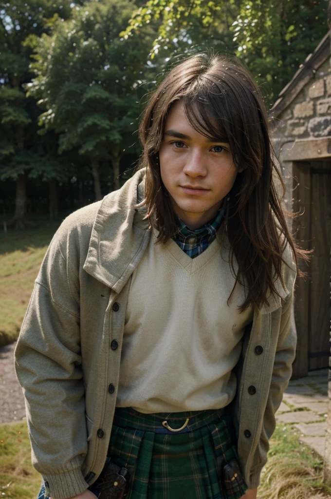 "(((Young man from a Scottish village))) - A compelling photorealistic photograph capturing the charm and essence of a young person in a picturesque Scottish village. The image should be in high resolution (8K) to showcase every detail of the young individual's traditional Scottish attire and the natural beauty of the village surroundings. Use a 70mm lens to focus on the young person while also capturing the scenic landscape. The lighting should evoke the soft glow of the Scottish countryside, adding warmth to the young person's expression. The camera shot should be a medium close-up, allowing the viewer to connect with the youth and the serene environment. Take inspiration from portrait photographers known for their ability to capture the authenticity and character of individuals in cultural settings. The goal is to create a visually captivating photograph that celebrates the spirit of a young person in a Scottish village."
