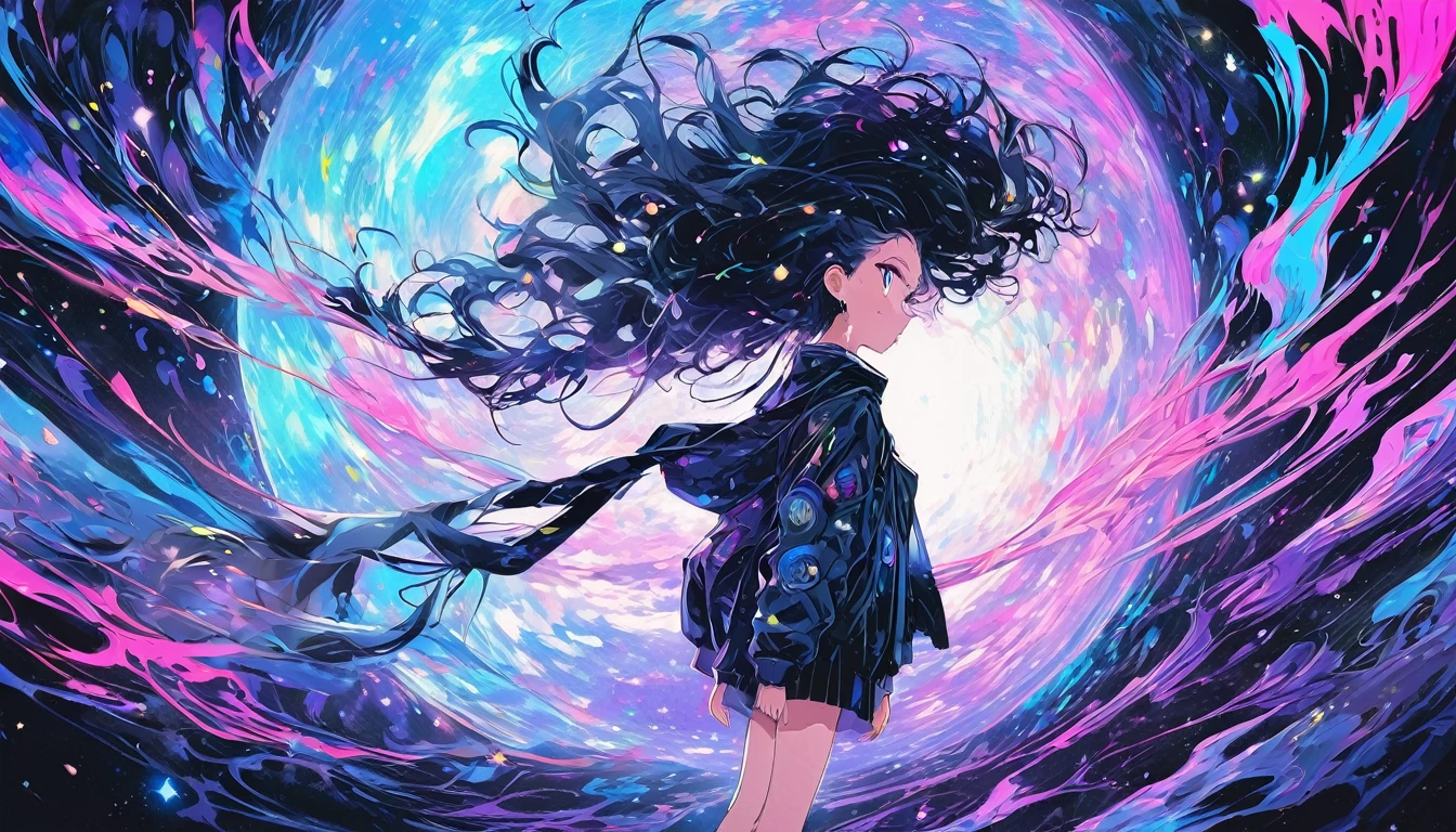 (best quality, sketch:1.2), epic realistic,(ultra details ayes),illustrator,anime,1 girl, detailed lips,custom, gradient background,neon hair,textured cropping, masterpiece, anime, a woman standing looking at a black hole, fantasy world, trending on art station, space art, dreamy psychedelic anime, beautiful anime scene, anime epic artwork. anime, photo picture poses, average height