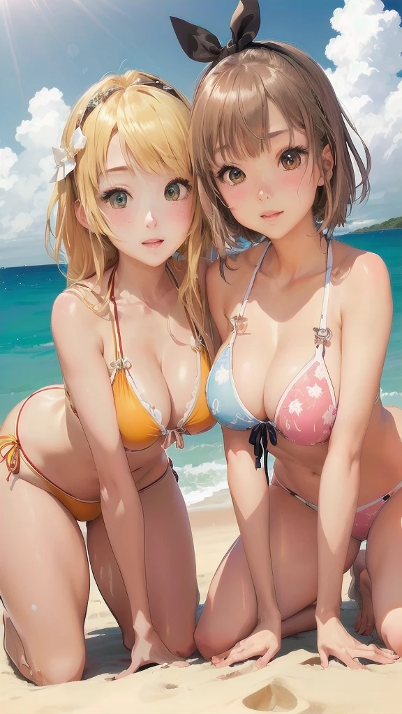 Anime Girls in bikinis on the beach with a blue sky, At the Beach, two beautiful Anime Girls, Naughty, Anime Girls, At the Beach, Naughty アニメ style, tits, At the Beach, Swimwear, Beeching, Realistic Bikini, 太陽が輝くAt the Beach, Lizalynn Stout、Claudia.Valent、titsを露出、