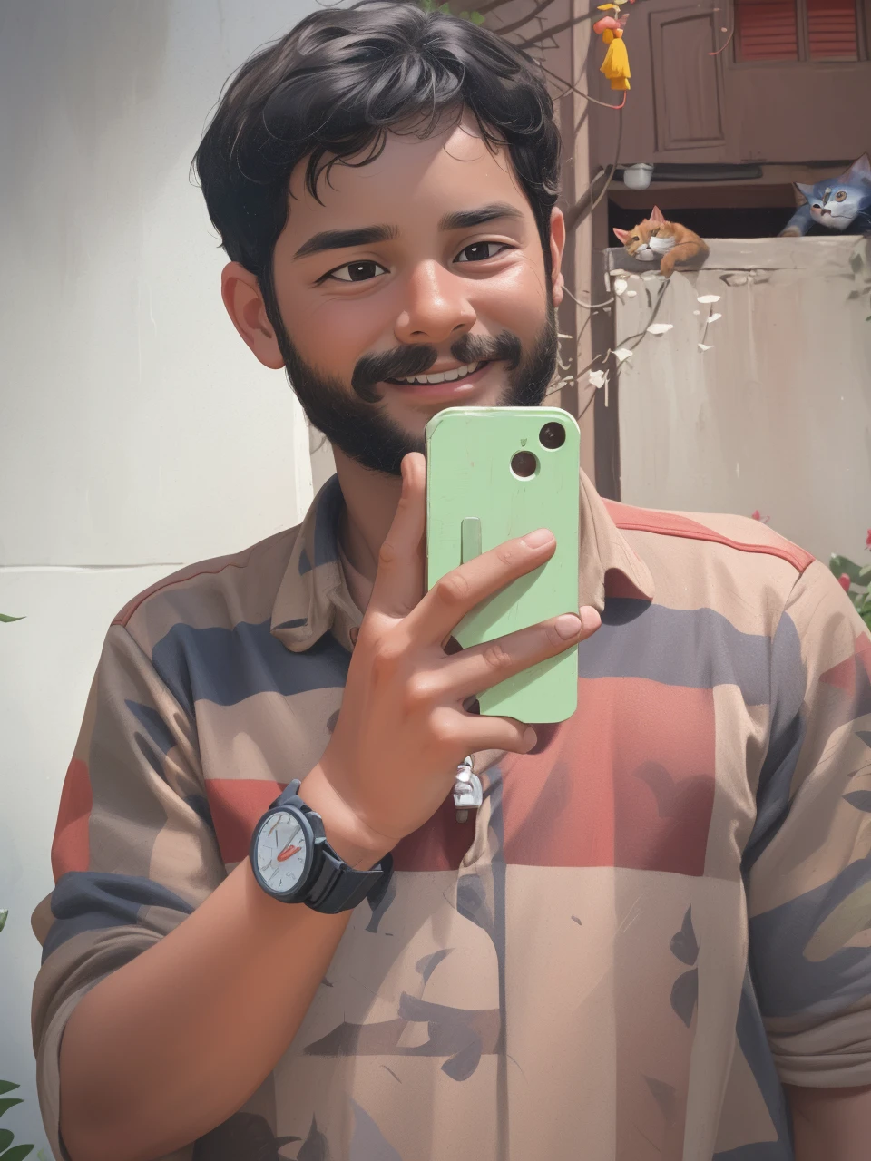 Realistic portrait of a seven-year-old boy, He wears a red shirt . His face is childish and exploratory . He goes out cautiously into the garden of the house, A small cat is among the bushes and he touches it cautiously ,Not facing the camera,, Hair is untidy ,