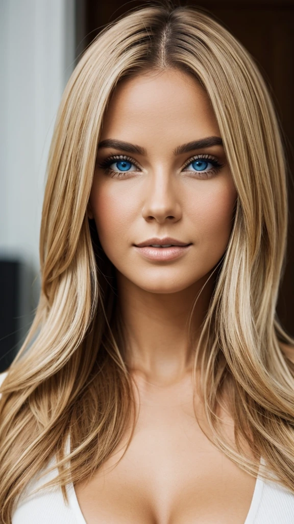 Girl in a sexy outfit with a beautiful look, blonde with blue eyes and realistic