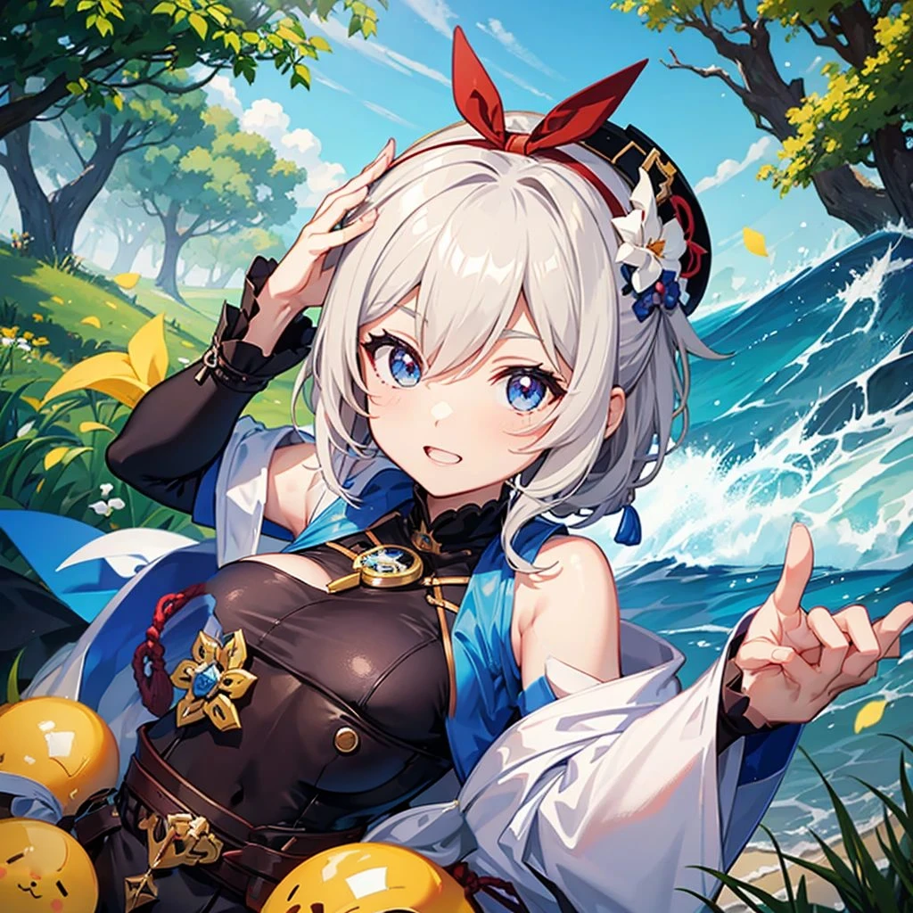 big breasts, hand points to screen
