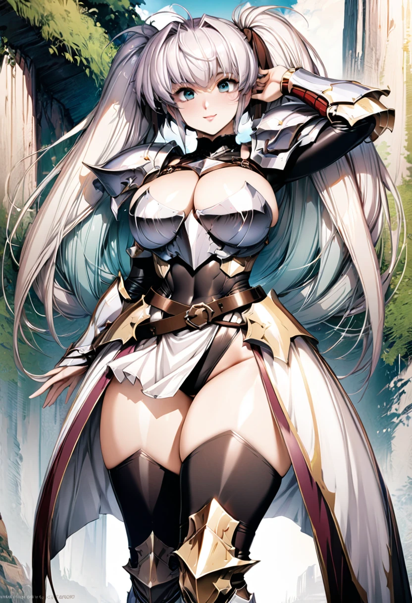 ((highest quality)), ((masterpiece)), ((hyperrealistic)), (detailed background), solo, 1girl, ((curvy: 1.2)), kawaii, smile, dark princess, ((armored dress: 1.3)), langrisser, silver long twin tail hair, Ahoge, (paladin magic armor), ((black tight-fitting leotard bodysuit)), ((huge breasts)), ((arm guard gauntlet)), (metal harness breastplate), body harness, belt waist armor, ((zettai ryouiki knee socks boots)), (big butt), (cleavage cutout), (Groin), (thighs), beautiful aqua eyes, droopy eyes, perfect face, Perfect hands, perfect fingers, Blue sky and grassland, posing, elegant pose