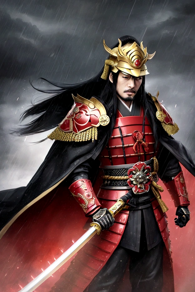 Full-body portrait of Oda Nobunaga in the rain. He is wearing an extravagant, brightly colored samurai armor with intricate gold designs and a flamboyant kabuto (helmet). His facial expression is cruel and menacing, with piercing eyes and a sinister smile, emphasizing his ruthlessness. He is standing in a dramatic pose, gripping a katana with both hands, ready to strike. The background shows a heavy rainstorm with lightning, creating a dark and ominous atmosphere. Water droplets are visible on his armor and face. Use a realistic art style with high contrast and dramatic lighting to enhance the mood.