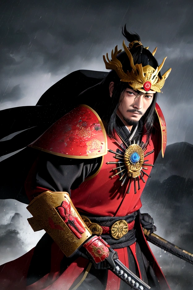 Full-body portrait of Oda Nobunaga in the rain. He is wearing an extravagant, brightly colored samurai armor with intricate gold designs and a flamboyant kabuto (helmet). His facial expression is cruel and menacing, with piercing eyes and a sinister smile, emphasizing his ruthlessness. He is standing in a dramatic pose, gripping a katana with both hands, ready to strike. The background shows a heavy rainstorm with lightning, creating a dark and ominous atmosphere. Water droplets are visible on his armor and face. Use a realistic art style with high contrast and dramatic lighting to enhance the mood.