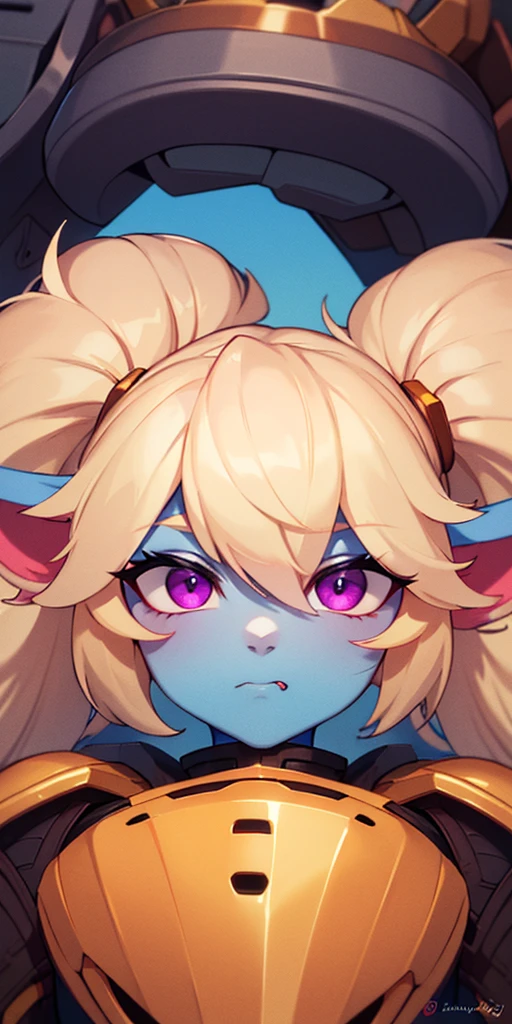 highly detailed, best quality, photography, Poppy from LOL, absurdness, beautiful face (detailed eyes, deep eyes) 1woman, blonde hair, twin tails, magenta eyes, short, wide hips, curvy, toned muscles (n7armor) inside a spaceship