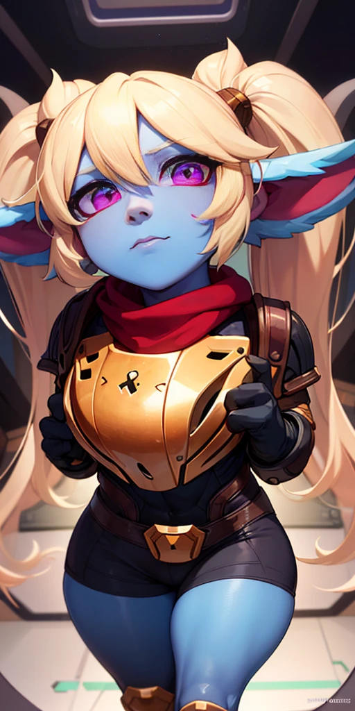 highly detailed, best quality, photography, Poppy from LOL, absurdness, beautiful face (detailed eyes, deep eyes) 1woman, blonde hair, twin tails, magenta eyes, short, wide hips, curvy, toned muscles (n7armor) inside a spaceship