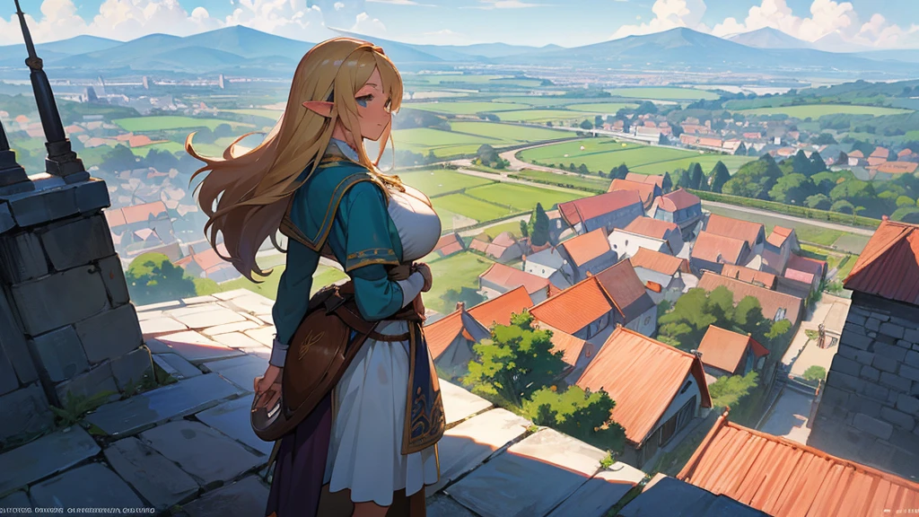 Anime Style,Nostalgic,Detailed background,The medieval world,Distant view from the top of the hill,Beautiful sky,A beautiful bard elf girl looking back at me,Large Breasts,Healthy thighs,