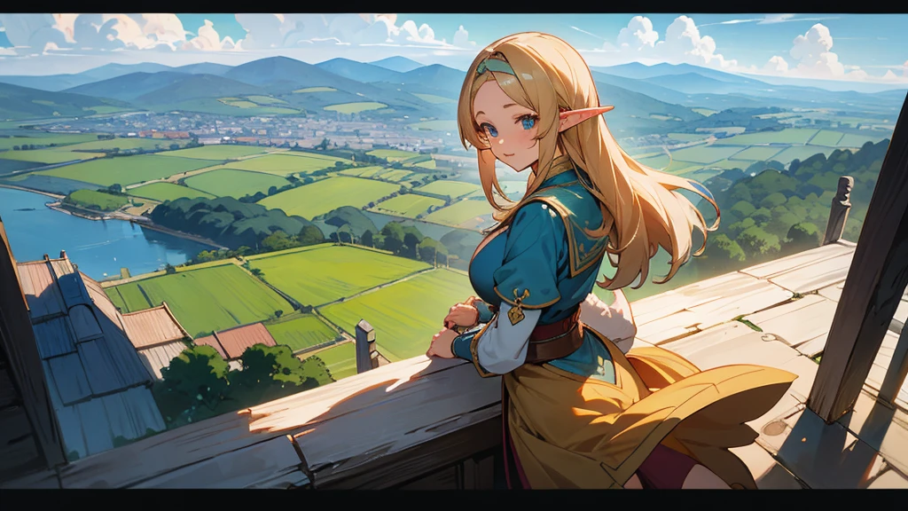 Anime Style,Nostalgic,Detailed background,The medieval world,Distant view from the top of the hill,Beautiful sky,A beautiful bard elf girl looking back at me,Large Breasts,Healthy thighs,