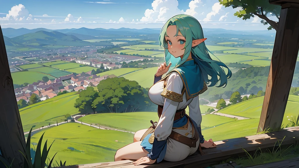 Anime Style,Nostalgic,Detailed background,The medieval world,Distant view from the top of the hill,Beautiful sky,A beautiful bard elf girl looking back at me,Large Breasts,Healthy thighs,