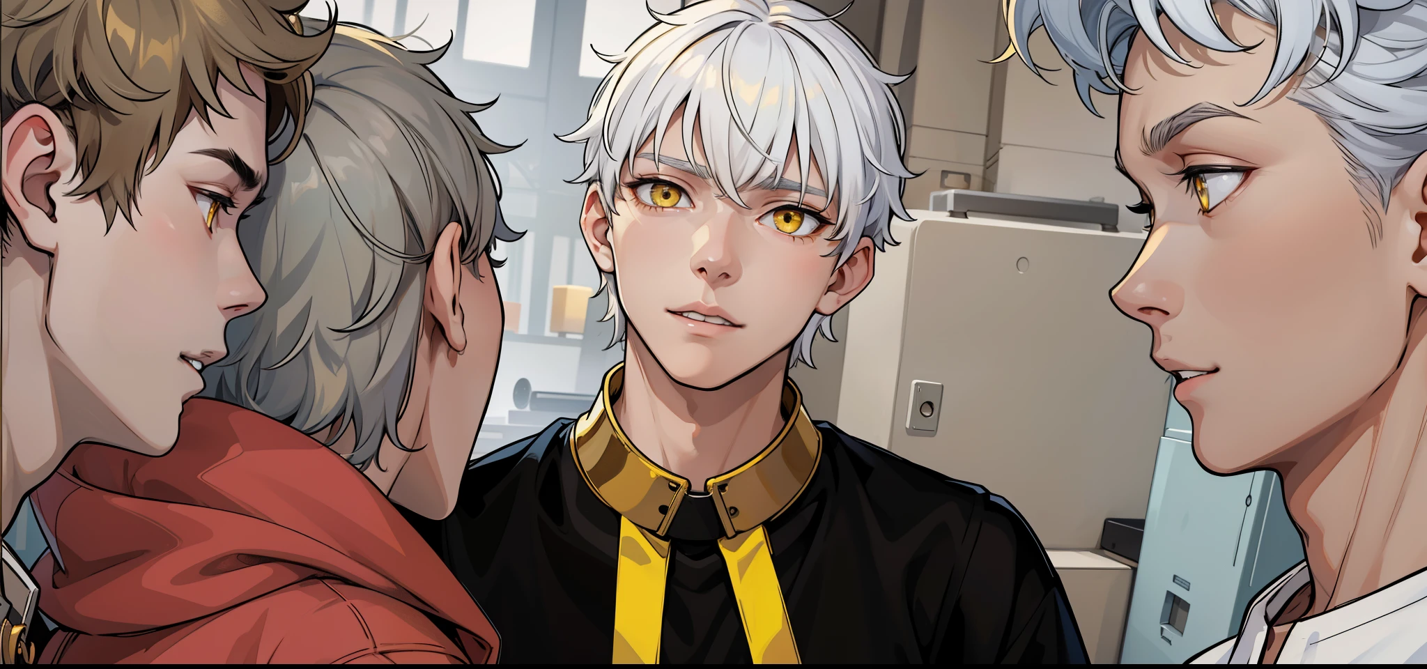 cute 17 year old boy, yellow eyes, white hair, speaking calmly, The collar of his shirt is metallic gold