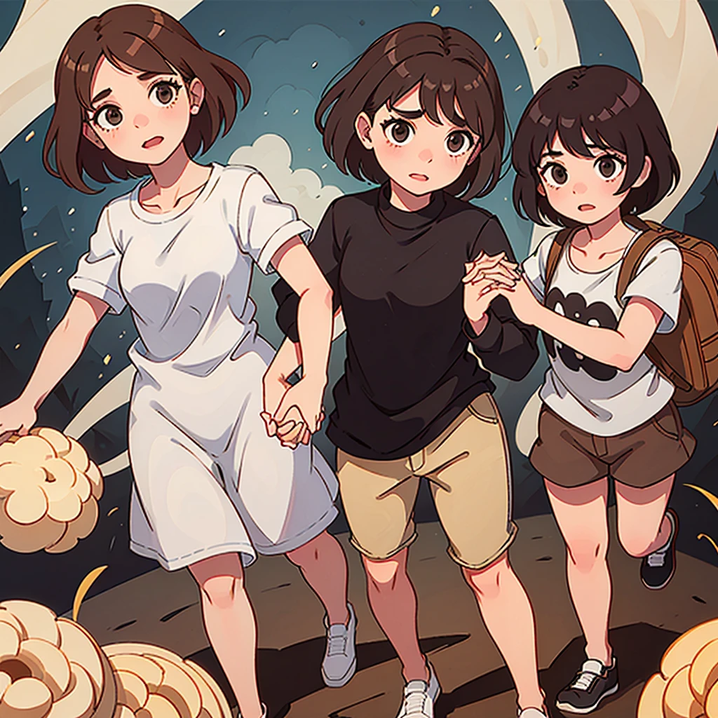 A mother with brown hair, short but not too short, He waves while holding the hand of his 3-year-old daughter who looks like her mother..