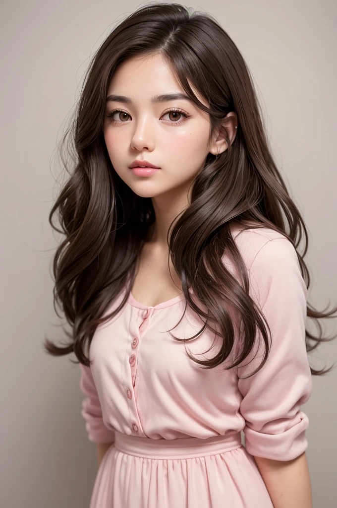 Create a profile photo of a , full cheeks, medium long wavy dark brown hair, without bangs, small brown eyes pulled inwards, Caucasian skin, slightly large eyelashes and small but thick lips, pink outfit. 
