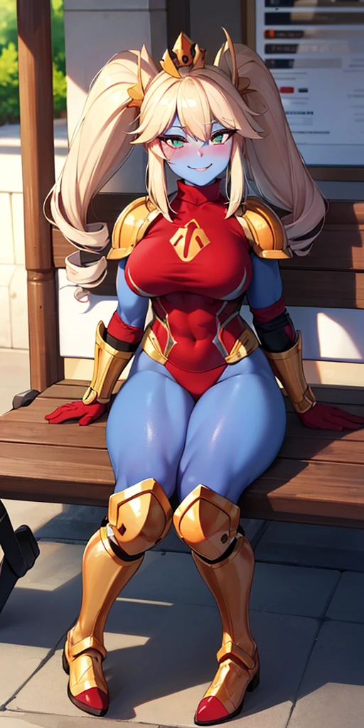 Lancer Artoria body (Alexis Texas Face), elegant adult female, blonde, green eyes (yellow eyelashes) crown, turtleneck, full body sitting on a bench, showing ass to me, RED breastplate, RED skin (1SologirlRED skin:1.2), looking at viewer, shiny, armor, thigh highs, high boots, pauldrons shoulder armor, faulds, poleyn, RED gloves gauntlets, rerebrace, RED military armored boots, yordle muscular lean platinum blonde long twin tails hairstyle at the bedroom lustful smirking smile face red blushed, blush, strong abs, female body builder, tiara, twin drills hair, (masterpiece, best quality, ultra detailed, best shadow)