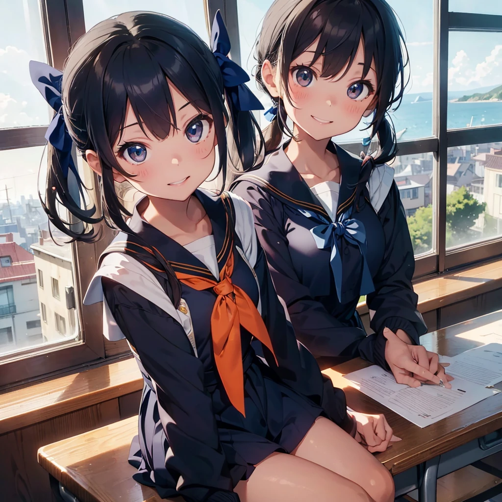 Highest quality, Very detailed, masterpiece, (One Girl), Sitting in a chair Smiling, Open Mouth, , (low twintails:1.2), Low Pigtails, Black Hair, Long Hair, (Navy blue sailor suit with blue ribbon:1.4), Long sleeve, School desk, School Chair, classroom, from the front, window, distant cityscape, A town with hills, Sea in the back, 16 o'clock, Orange sky, anime, (Close up on face),