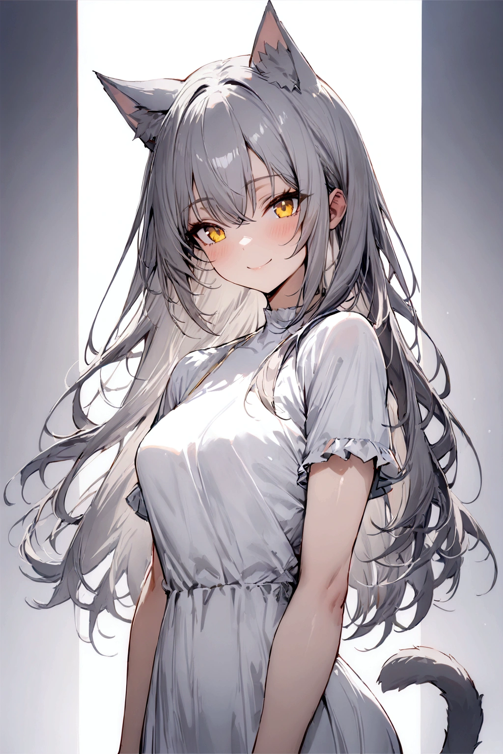 ((masterpiece)), ((best quality)), (from front), (half-body shot:1.36), perfect anatomy, 1girl, solo, cat girl, long gray straight hair, yellow eyes, gray cat ears, gray fluffy cat tail, short-sleeved white dress, smiling, lighting from front, looking at viewers