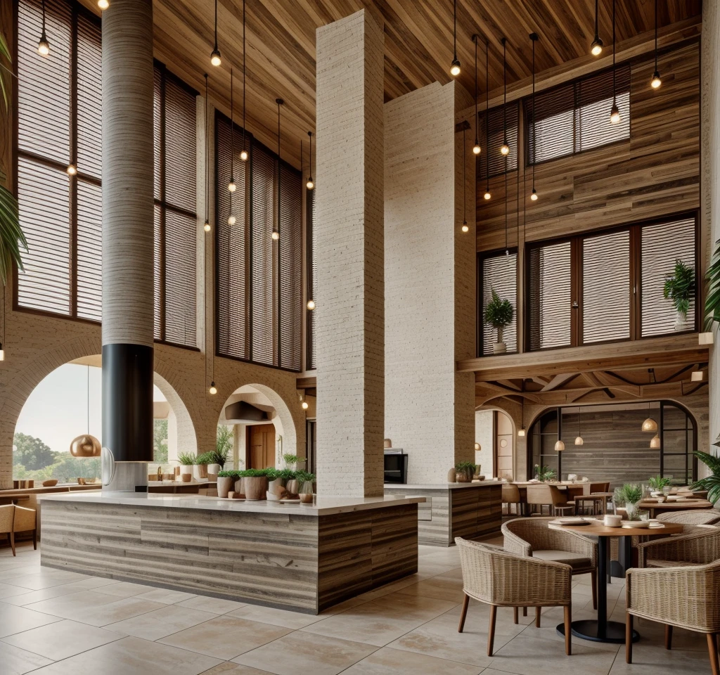 Restaurant interior, clay walls, natural clay columns, rustic wooden tables, rustic chairs, handcrafted look, natural textures, soft lighting, clay pendant lights, potted plants, greenery, cozy, welcoming,  masterpiece, (realistic:1.2) 8k uhd, dslr, soft lighting, high quality