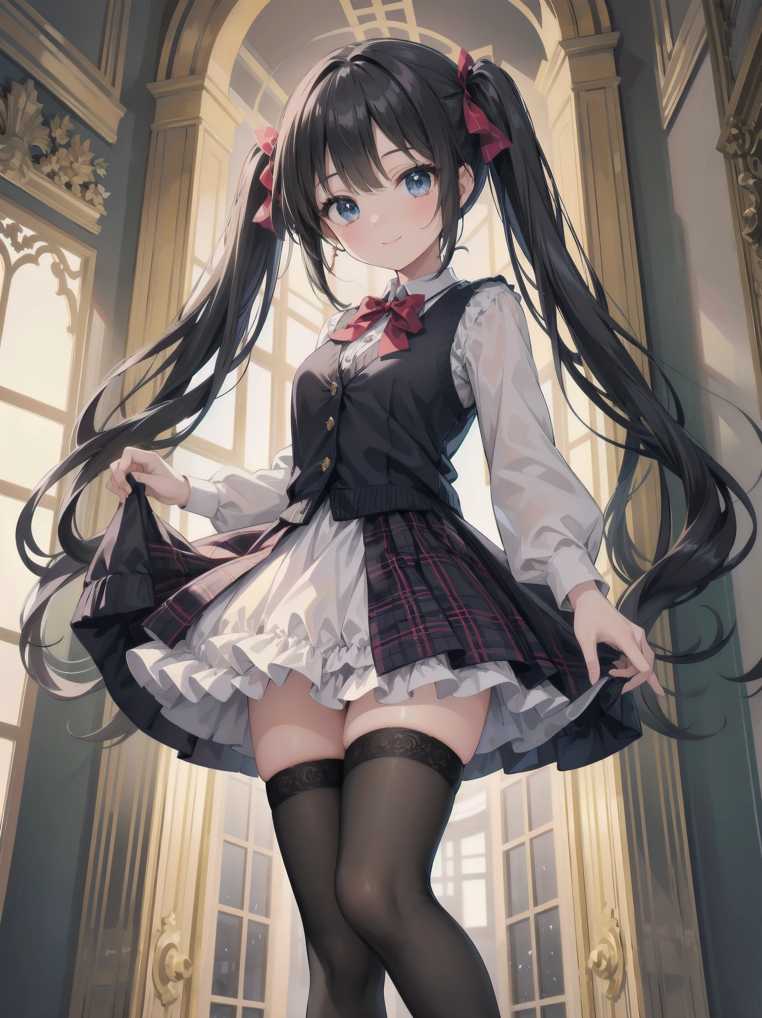 A lavish, photorealistic illustration of Soro, a charming 19th-century maiden, exudes elegance in a masterfully crafted scene. Framed by a ornate, gilded archway, she stands poised, her twintails adorned with sparkling bows, her cardigan vest and short-sleeved shirt perfectly complementing her plaid skirt. Over black legwear, her loafers add a touch of whimsy. A radiant smile spreads across her face, her eyes sparkling like diamonds in the soft, golden light. Every detail, from the intricate lace trim to the delicate folds of her garments, is meticulously rendered by a master illustrator's hand, Dynamic angle shooting by Spielberg、Audrey Hepburn&#39;s acting instruction: Dynamic poses