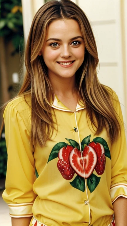 Alicia Silverstone dressed in fruit clothes and a smile