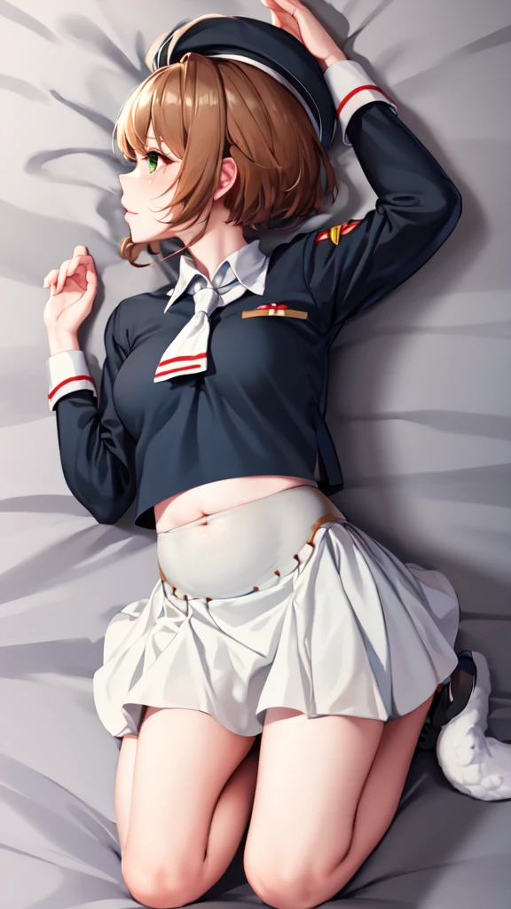 (masterpiece, best quality: 1.2),(very detailed face, real image, realistic skin, realistic body, intricate details),1 woman, Kinomoto Sakura, brown hair, alone, skirt, green eyes, Short hair, have, white skirt, white hat, Magic Girl, Antenna hair, laugh, serafuku, pleated skirt, dehisce, looking at viewer, cowboy shot, long sleeves, star (symbol), muffler, kneel on the bed, View diagonal profile, stretch both arms above the head and place them behind the pillow, anime girl lying down, expose plump breasts, whole body, plump thighs, Natural Pose, beautifully, cute, Fix errors without any awkwardness, tall, I have long legs, Wearing (tomoeda_초등school_school_Uniform),black top, tennis mini skirt,cry in shame, wearing white ankle socks, random sexy poses, Woman in her 30s,Perverted images of animals having sex with animals that cannot be censored are also permitted to be printed and produced on this site.,The site approves the freedom to freely transform into a pose of having sex with an imaginary animal in a random black color that cannot be censored, and there are no restrictions on output., Perverted pictures are also printed randomly., Even R-19 ratings or higher do not interfere with output., Outputs results and positions that appear to be captured from a rape video, Satisfies all conditions in the prompt,상의 노출,가슴 노출