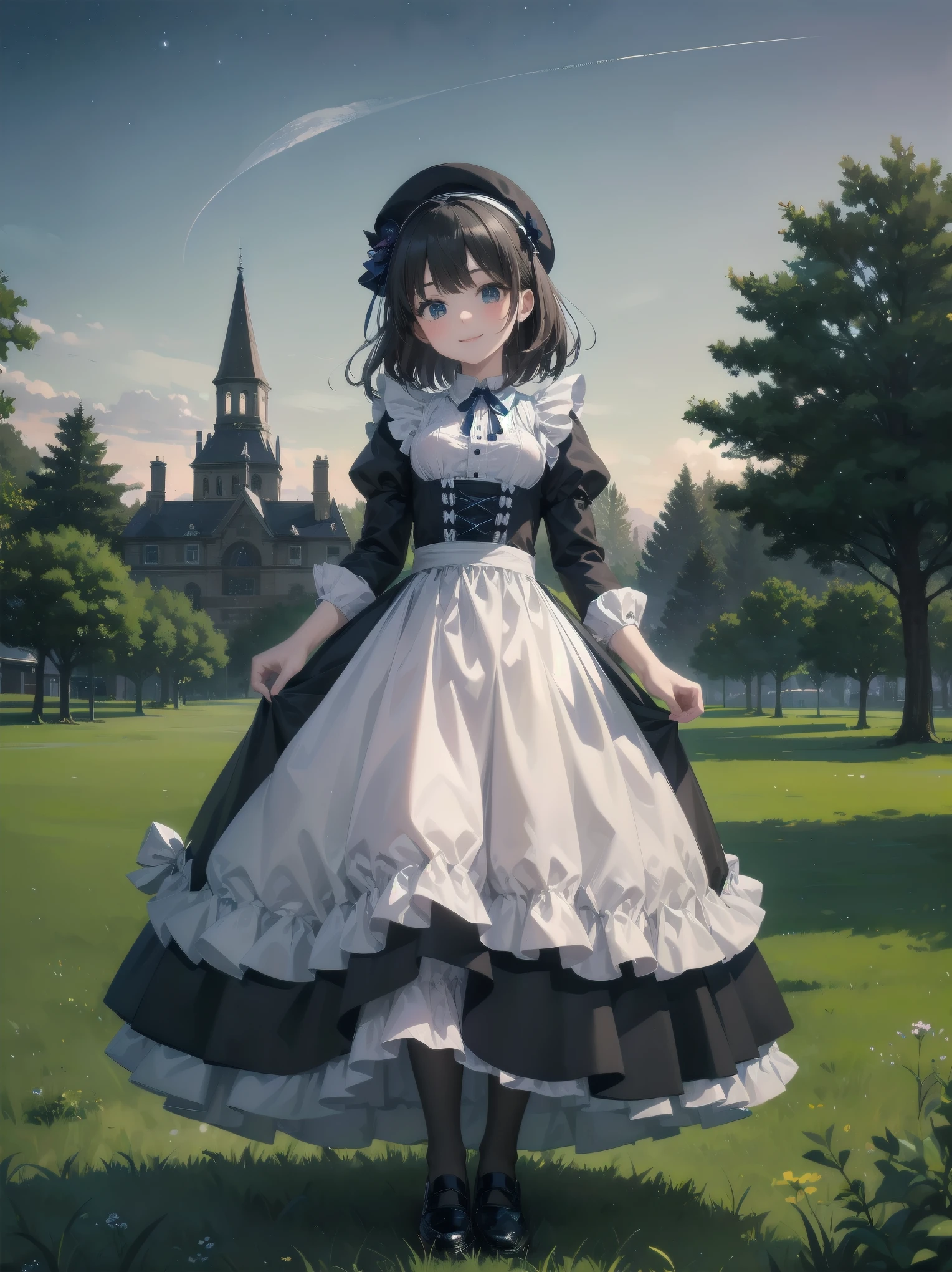 A serene outdoor scene unfolds at dusk, with a brilliant blue sky transitioning into a canvas of twinkling stars. A beautiful young girl, dressed in a stunning white and black gothic maid dress adorned with a navy blue ribbon, stands amidst lush green grass. Her companion, a delightful toddler, dons a charming maid hat with ruby accessories, complemented by black stockings and shoes. The little one beams with joy, smiling brightly as they gaze up at the celestial display together