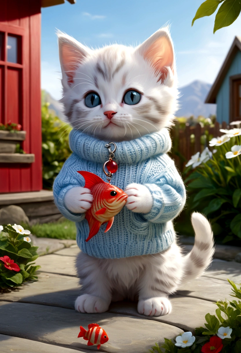 A kitten playing in the backyard of a small house, the kitten kitten, is wearing a small light blue sweater with white stripes, The sweater has a small hood, that is fallen backwards, and a front pocket where he stores his little treasures, He is also wearing a red collar with a fish-shaped pendant., that swings while he plays in the yard, Your paws are naked, showing off its soft, white fur.