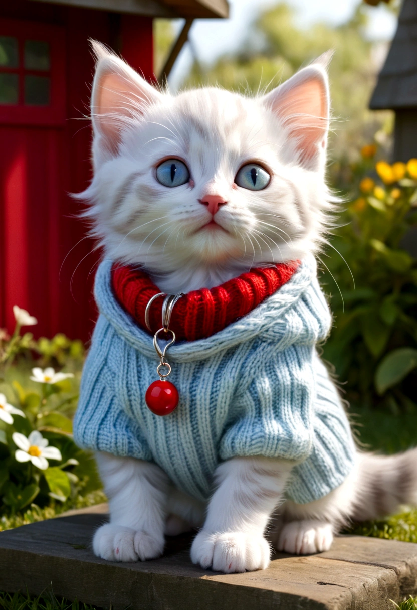 A kitten playing in the backyard of a small house, the kitten kitten, is wearing a small light blue sweater with white stripes, The sweater has a small hood, that is fallen backwards, and a front pocket where he stores his little treasures, He is also wearing a red collar with a fish-shaped pendant., that swings while he plays in the yard, Your paws are naked, showing off its soft, white fur.