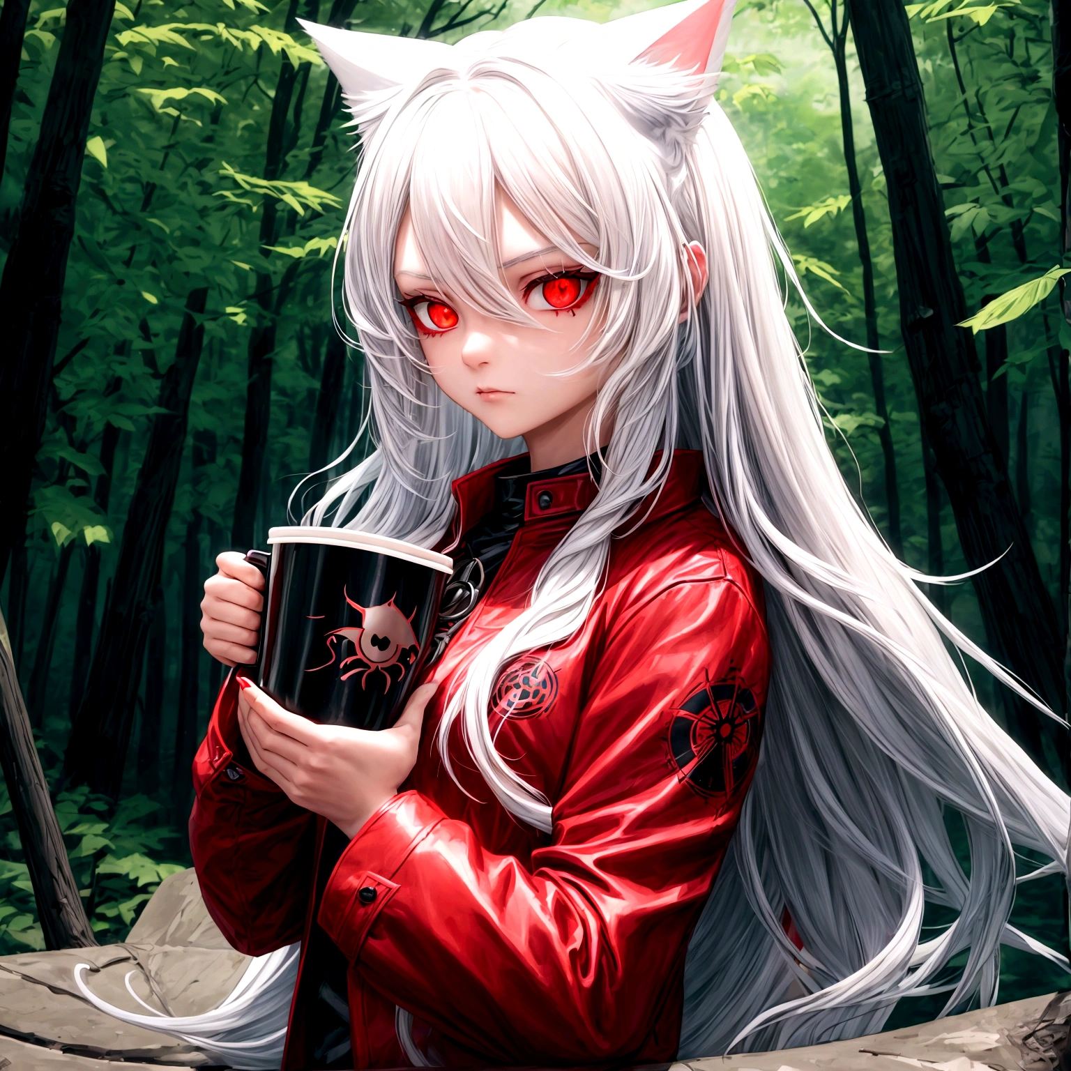 1 girl, beautiful, cool, intimidation, long hair, white hair, cat ear, red eye, black jacket, red shirt, holding a cup coffee, nature place