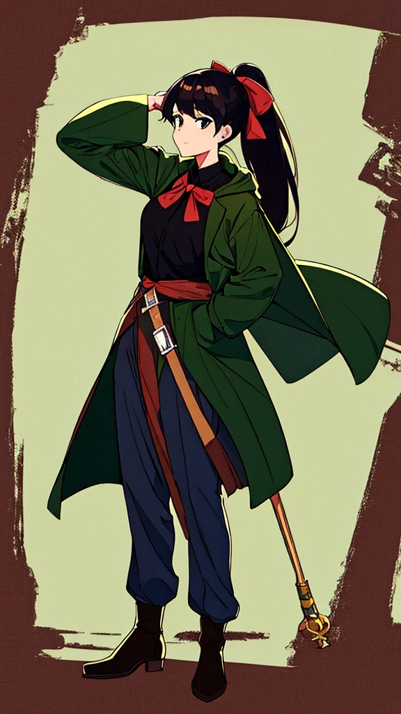 Full body,stand, adult woman,short hair,black-brown hair,Tie up your hair in a ponytail.,high,brave,holding a bow,,green coat hood, Middle Ages,trousers,Boots