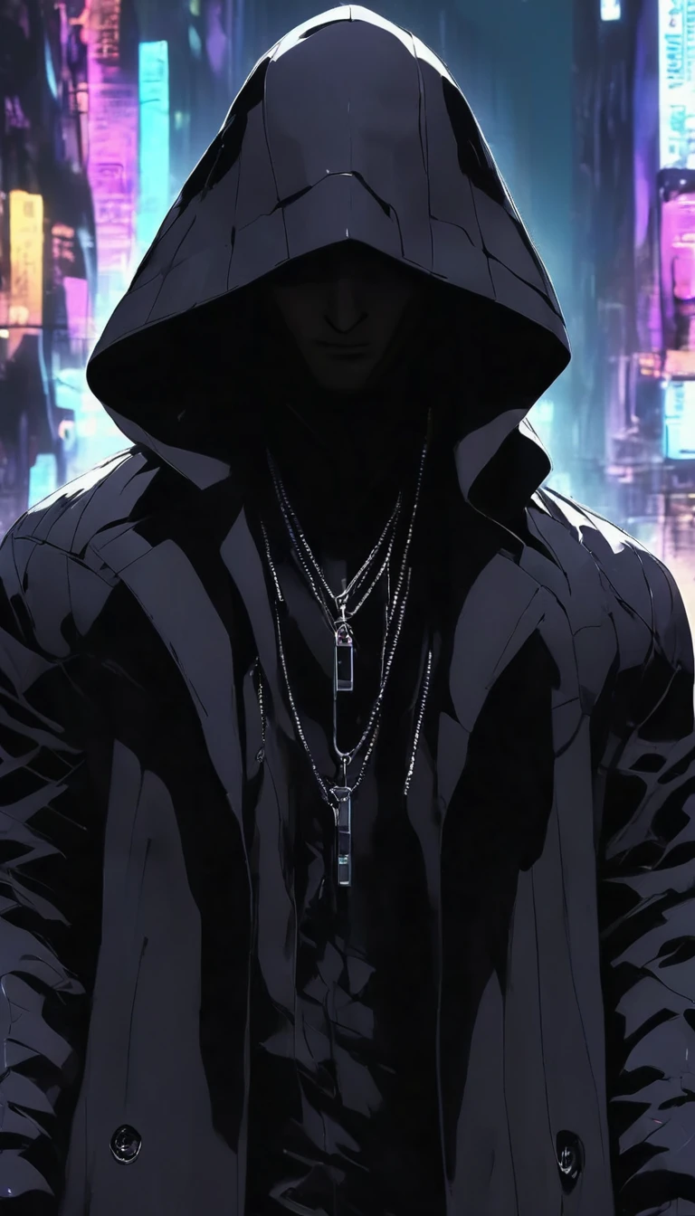 wide and far shot, ((a man in a black hooded trench coat, return to camera:1.5)), standing on rainy street, looking at a futuristic city at night, a dark cityscape with neon lights (Best Quality, 4k, 8k , high resolution, Masterpiece: 1.2), ultra detailed (realist, photorealist, photorealist: 1.37), cinematic lighting, dramatic shadows, moody atmosphere, intricate details, Bright city lights, advanced technology, Retro-futuristic architecture, dynamic pose, hood that casts shadows on the face, intense look