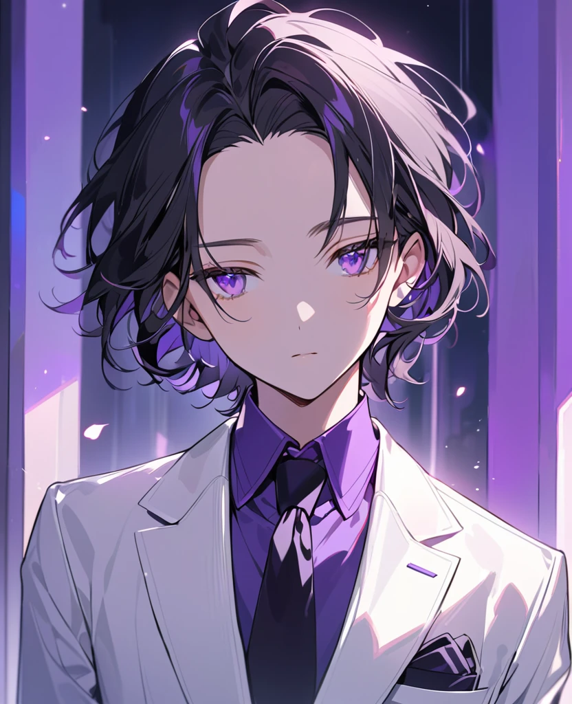 handsome, alone, cute,small face,1 man, black hair, (((forehead)))，light purple eyes, white suit, modern，Light purple collared shirt，expressionless，The best shadow and light，Medium-parted short hair，((look away)),perfect face, beautiful eyes， Eyes with exceptional detail，purple light