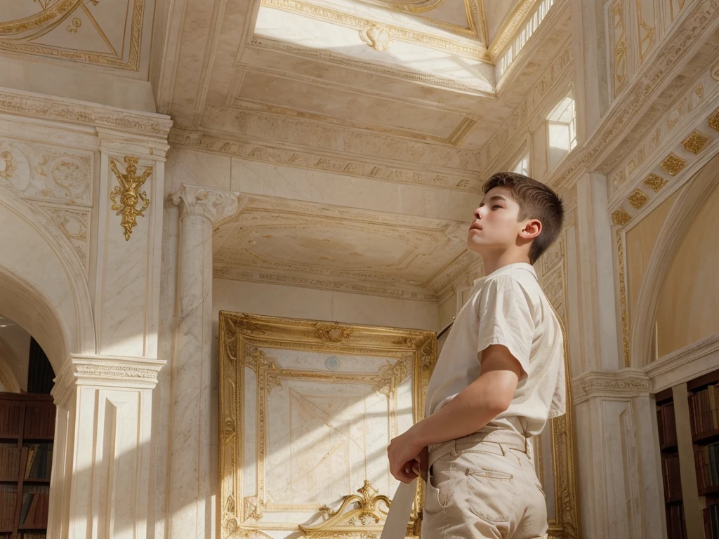 (((YOUNG BOY))), RAW, Masterpiece, Ultra Fine Photo, Best Quality, Ultra High Resolution, Photorealistic Photorealism, Sunlight, l, , Dynamic Pose, Delicate Face, Vibrant Eyes, , Delicate Face, Marble Walls, in a Baroque Library with Painted Roof, Incredible Details, Starry Sky, Boy, Man