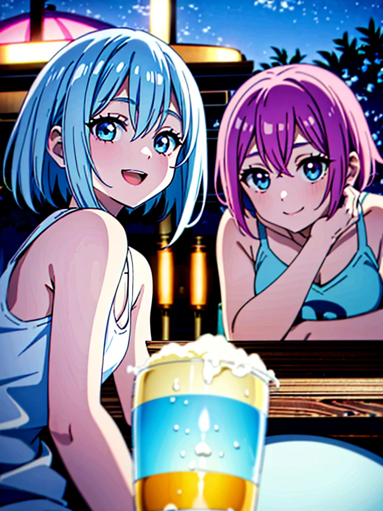 night、beer garden、One girl、Light blue hair、Bob Hair、Big Eyes、Open mouth smile、Pink Tank Top、White hoodie、Drinking beer with relish、Masterpiece、Highest quality