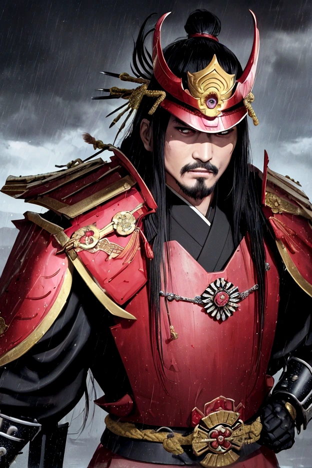 Full-body portrait of Oda Nobunaga in the rain. He is wearing an extravagant, brightly colored samurai armor with intricate gold designs and a flamboyant kabuto (helmet). His facial expression is cruel and menacing, with piercing eyes and a sinister smile, emphasizing his ruthlessness. He is standing in a dramatic pose, gripping a katana with both hands, ready to strike. The background shows a heavy rainstorm with lightning, creating a dark and ominous atmosphere. Water droplets are visible on his armor and face. Use a realistic art style with high contrast and dramatic lighting to enhance the mood.