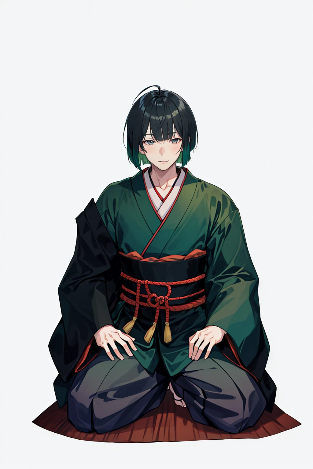 1 boy, 24 years old, full body, blunt bangs, bob cut, dark green hair, ((transparent background)),(solo),standing,{{{{Japanese monk}}}}},(wearing shoes on feet),{{wearing an article of clothing in the same manner as a kasaya}}},{{glaze}},{{Hair shine}},((is wearing Japanese Monk’s Clothing)),good young man, beautiful detailed eyes,gray eyes,black hair,good looking,((an extremely delicate and beautiful)),make the eyes the same shape and color on both sides, seiza, from front,