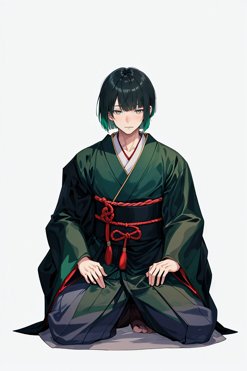 1 boy, 24 years old, full body, blunt bangs, bob cut, dark green hair, ((transparent background)),(solo),standing,{{{{Japanese monk}}}}},(wearing shoes on feet),{{wearing an article of clothing in the same manner as a kasaya}}},{{glaze}},{{Hair shine}},((is wearing Japanese Monk’s Clothing)),good young man, beautiful detailed eyes,gray eyes,black hair,good looking,((an extremely delicate and beautiful)),make the eyes the same shape and color on both sides, seiza, from front,