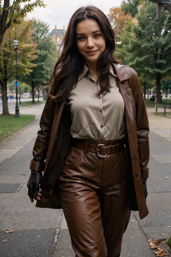 Smiling serbian woman walking in the park. Close portrait, Long black haired woman. She's wearing a belted brown trench coat, ((brown leather gloves)), skinny trousers and shirt wiath a sweater, also she's carrying a backpack on her back, Fall-winter season. Perfect fitness body anatomy. Photorealistic. Realistic colors. Realistic lights. [Increase saturation and contrast] Masterpiece. Realistic anatomy. Highly detailed. Ultra high quality.
