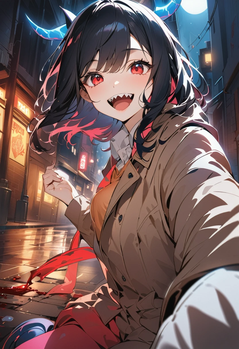 quality\(masterpiece, best quality,8K,非常に精細なCGユニットのwallpaper,High resolution,top-quality,top-quality real texture skin,Surreal,Increase the resolution,RAW Photos,最高quality,Very detailed,wallpaper\), break ,A girl wearing a trench coat\(Devil Girl,cute,Black Hair,Black bunny suit,pantyhose,Red Eye,Big eyes,Eyes Shining,Drinking blood,smile,Sharp teeth,Open your mouth,Blue Horn\), break ,background(outside,night,neon,Backstreets)