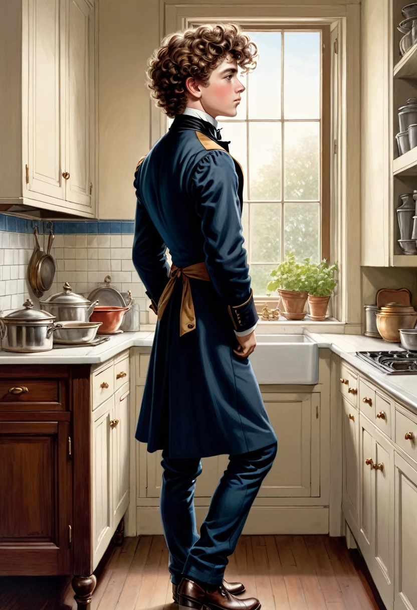 Full body shot in side view, young handsome Victorian boy with brown curly hair standing in an kitchen and looking out of the window coloured drawing in the style of 1871 Punch magazine illustrations. In the style of Charles Dana Gibson