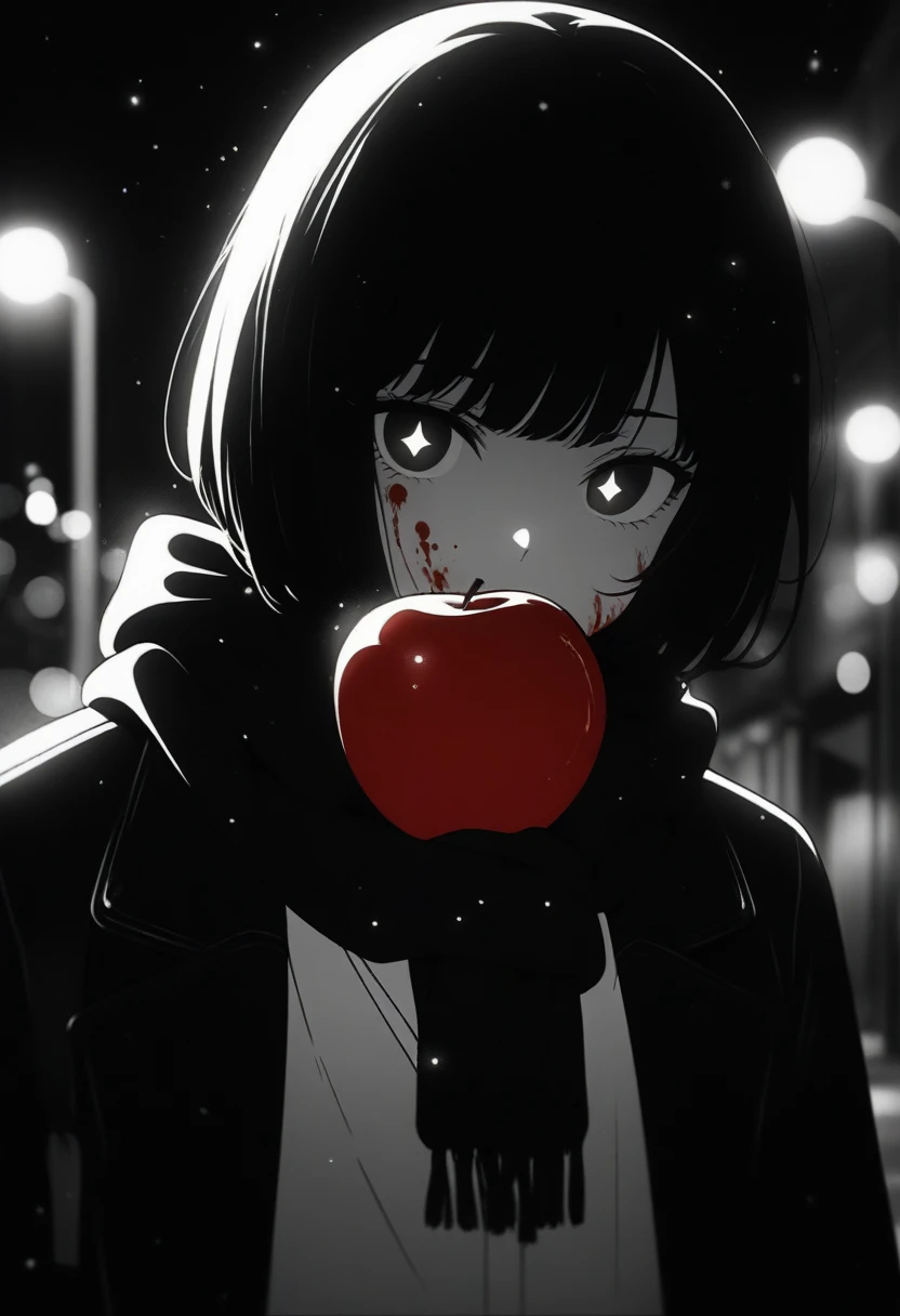 masterpiece, best quality, 1girl, momose_(oqo) official art, grayscale, manga style, japanese, chi no wadachi, black eyes, glowing white pupils, street, iced, black hair, schoolbag, lineart, looking at viewer, blood on face, black coat, black scarf, 35 years old, mature_female:1, tall, fair skinned, bokeh background, bob cut, light particles, centered, snowing, emotional anime scene, scenery, official wallpaper, (very aesthetic, best quality, ultra detailed), intricate details, red and blue lights flashing, cool, soleless, emotionless, tired, taking a bite out of a shiny red apple, eating apple, holding apple to lips, holding, street lamp, surrounded by darkness, stars in the sky, biting, full shot